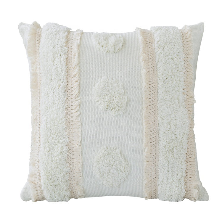 boho tuft cushion in white and biege