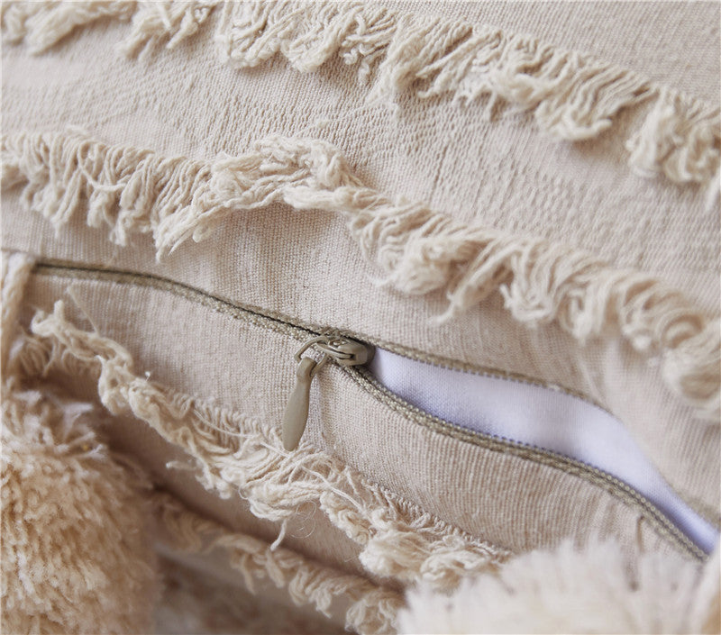 Boho Moroccan Cushion with Pompoms in Biege