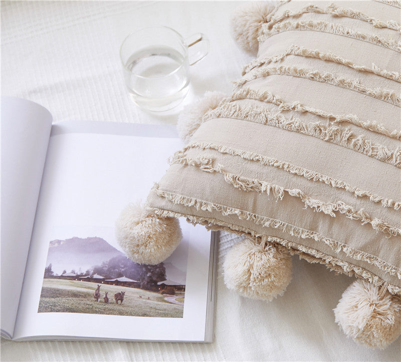 Boho Moroccan Cushion with Pompoms in Cream