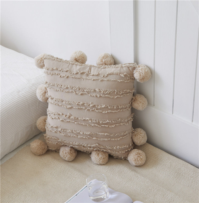 Boho Cushion with Pompoms in Cream