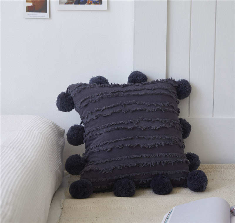 Boho Cushion with Pompoms in Navy