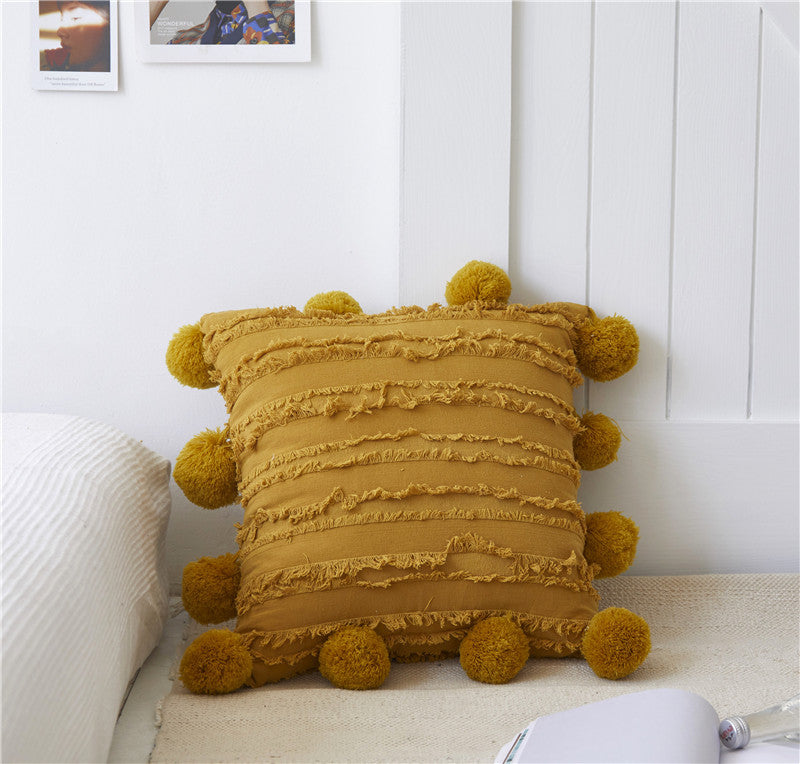 Boho Cushion with Pompoms in Mustard