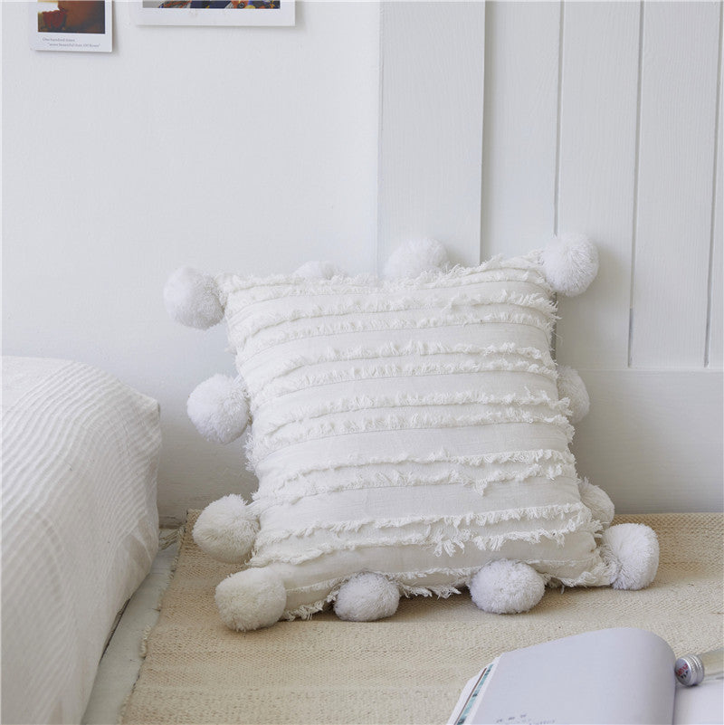 Boho Cushion with Pompoms in White