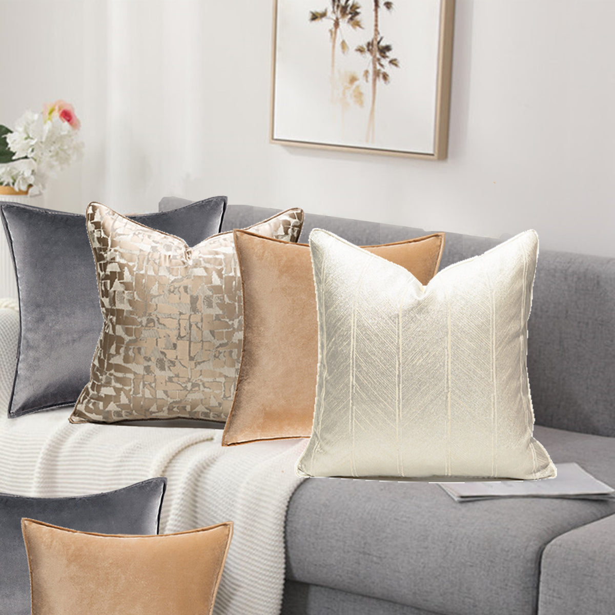 Set of gold and grey luxe cushions