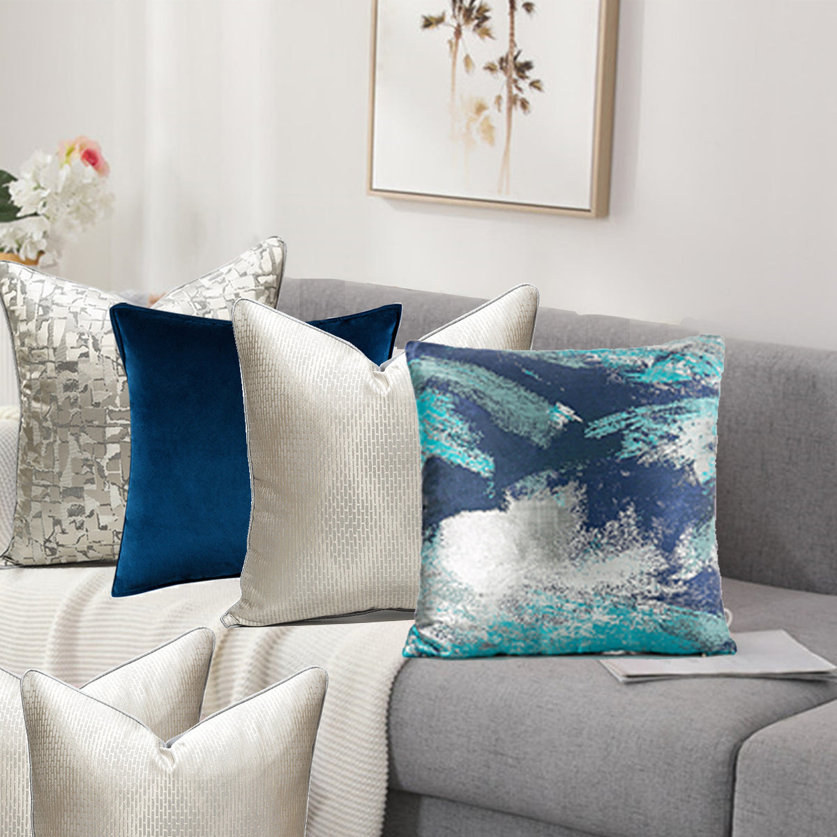 Navy fashion and silver throw pillows