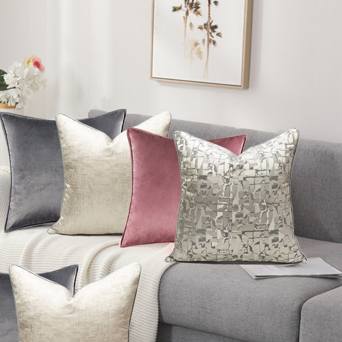 Set of grey and pink cushions