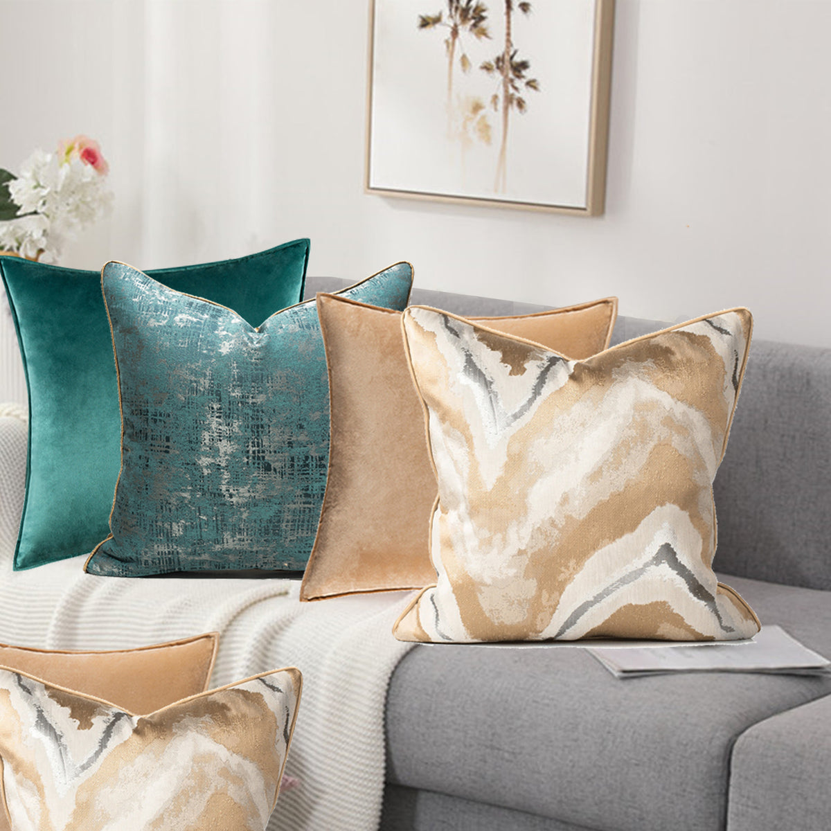 Set of Modern luxe cushion in green and gold